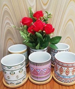 Truck Art Design Flower Pots With Wooden Base & Flowers-6 pc