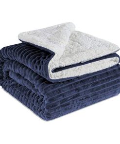 King Size Double Bed Winter Warm Ribbed Sherpa Fleece Throw Blanket Navy Blue