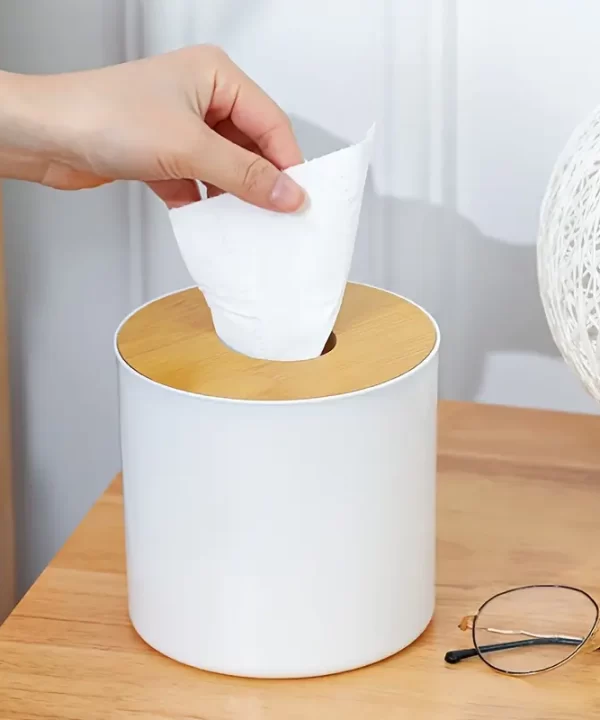 Round Bamboo Wood Tissue Box